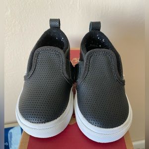Cans - toddler black leather slip ons